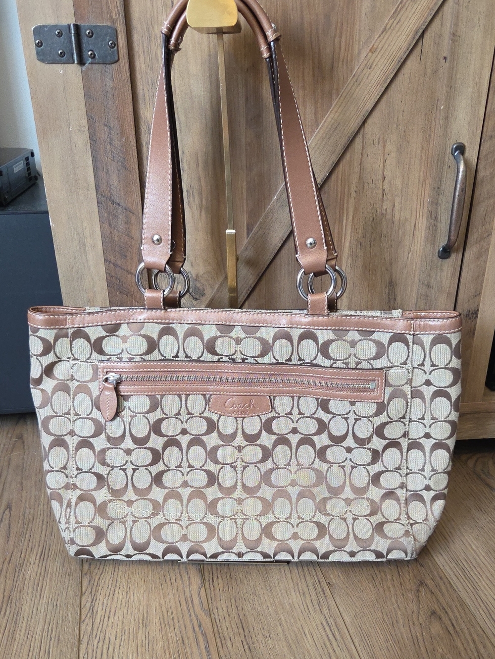 Coach Beige and Brown Signature Canvas Tote with Leather Trim